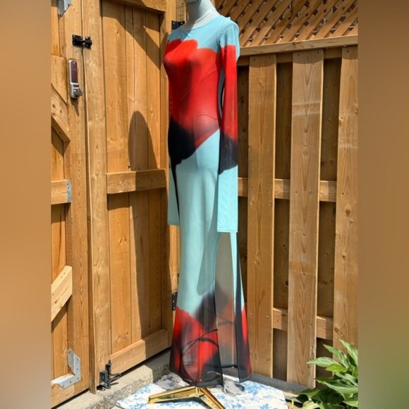 🆕 RAT & BOA 🧿 NWOT Santino Sheer Long Sleeve Dress, Blue with Red Tulip Sz XXS - Picture 12 of 16
